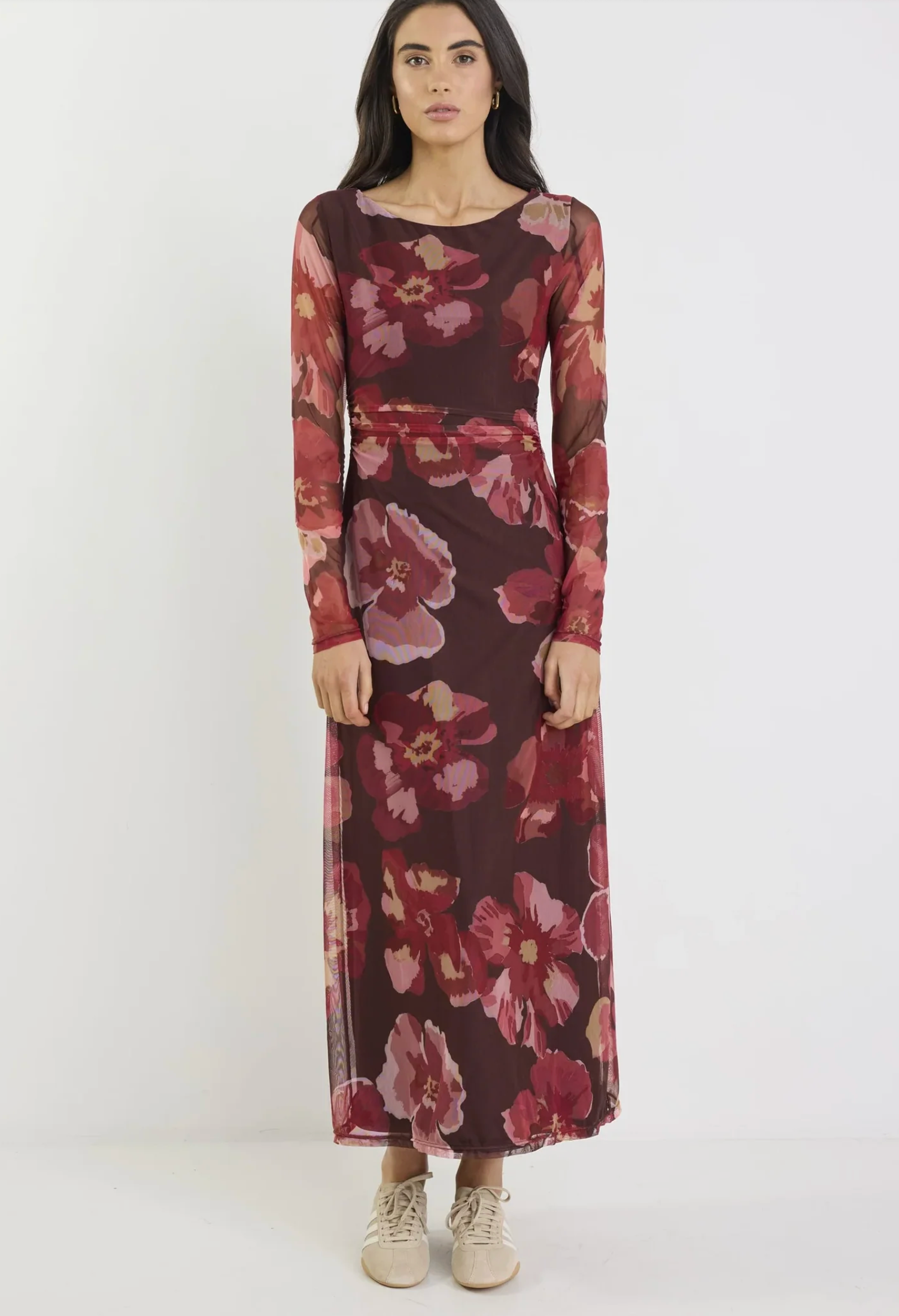 Among the Brave Location Mesh Boatneck Maxi Dress in Chocolate/Red Floral | Women's Dresses | Gretel Lane