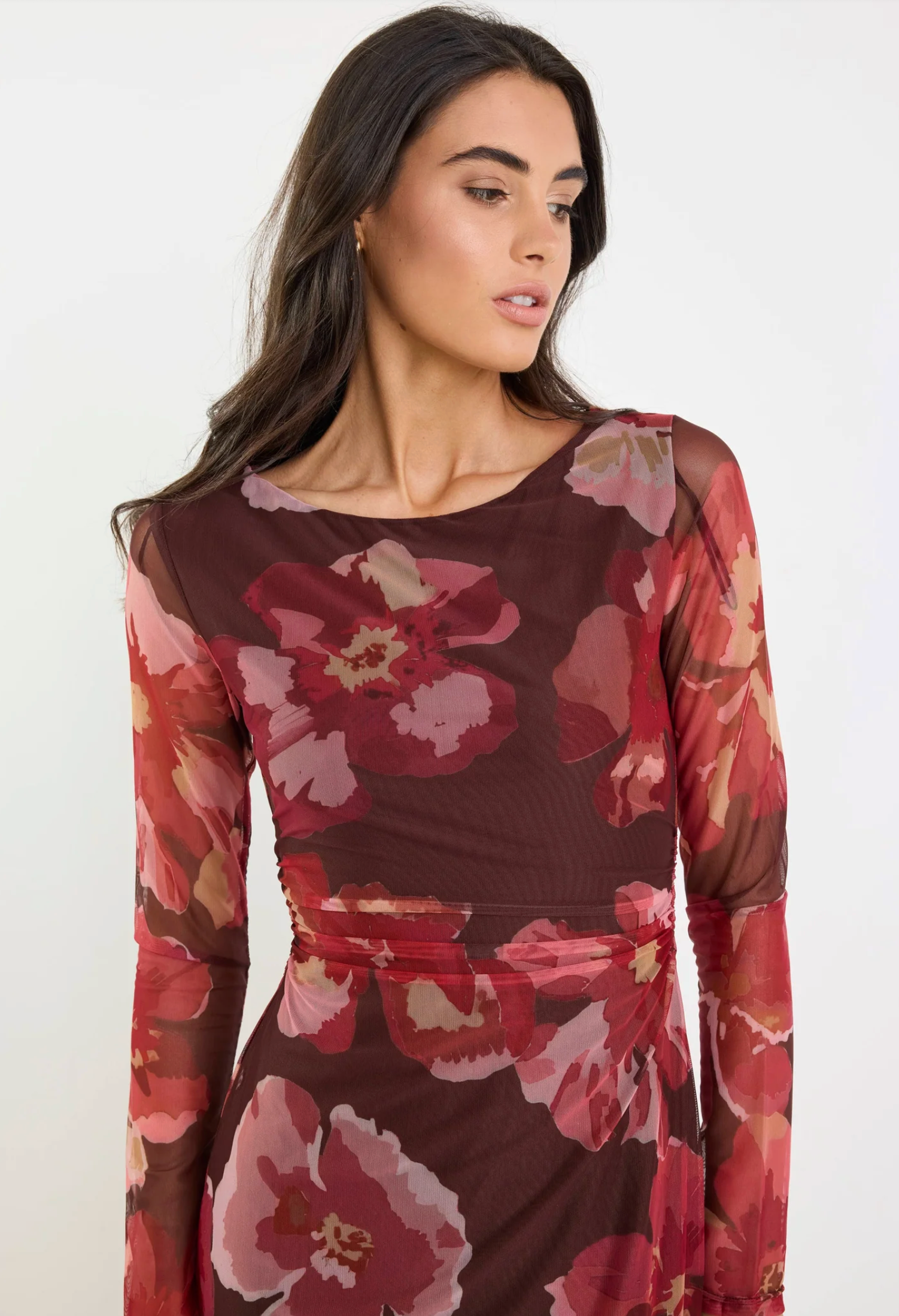 Among the Brave Location Mesh Boatneck Maxi Dress in Chocolate/Red Floral | Women's Dresses | Gretel Lane