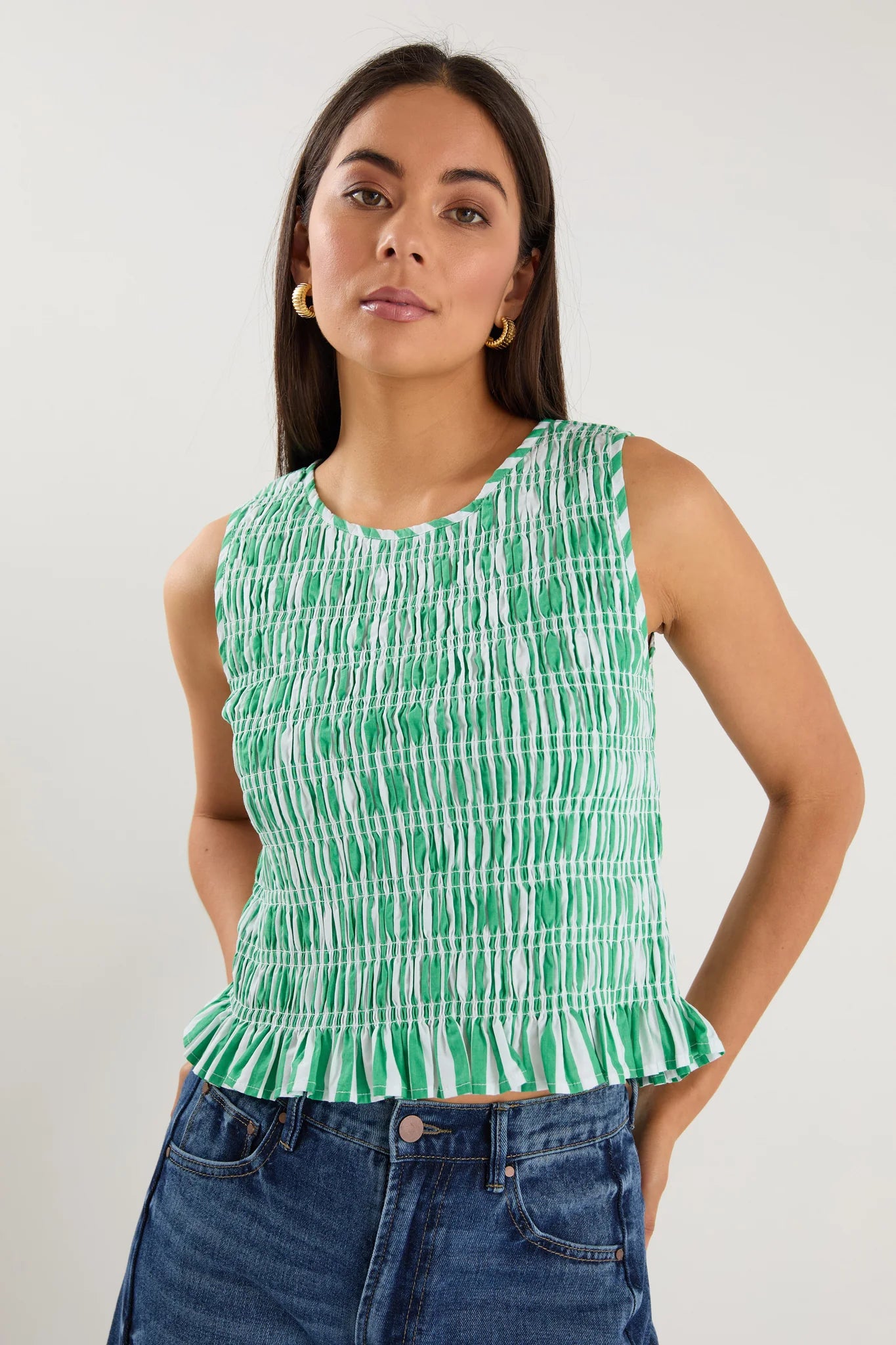Lonely Shirred Shell Top (Green Stripe)