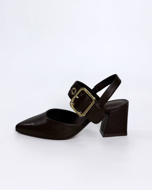 Chocolate Leather Heel with Gold Buckle | Gretel Lane