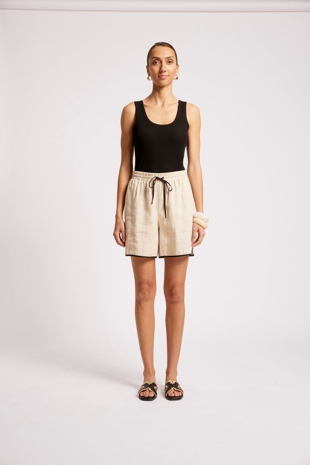 EB&IVE Maris Splice Linen Drawstring Short Tusk/Black | Women's Linen Shorts | Gretel Lane