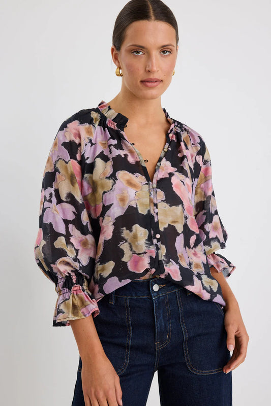 Mastery Button Though Top (Black Pressed Flower)