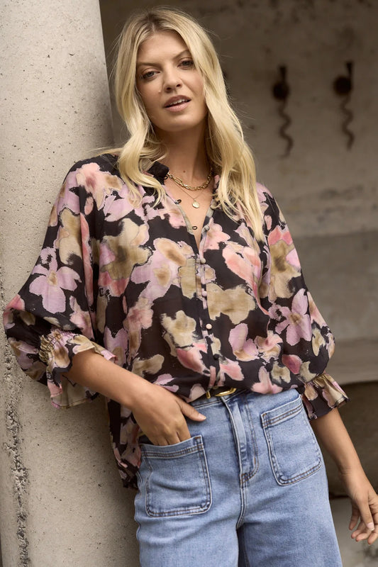 Mastery Button Though Top (Black Pressed Flower)