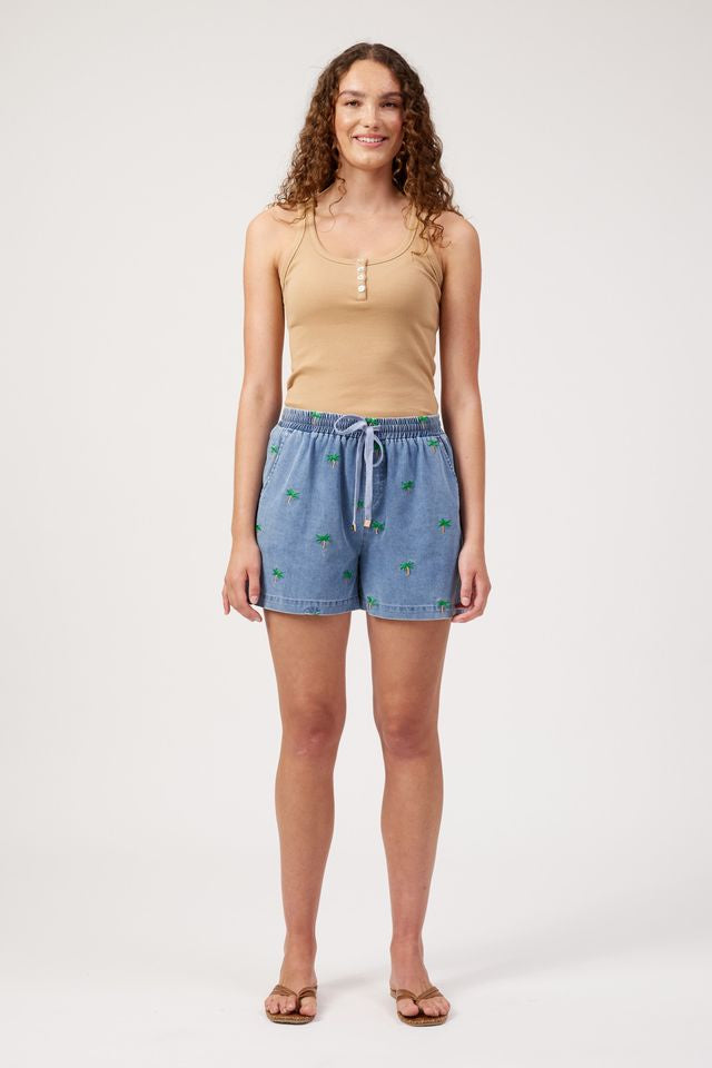 HAVEN Mauritius Palm Embroidered Denim Short Blue | Women's Clothing | Gretel Lane