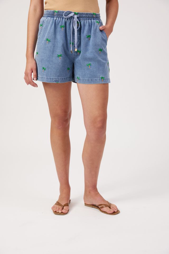 HAVEN Mauritius Palm Embroidered Denim Short Blue | Women's Clothing | Gretel Lane