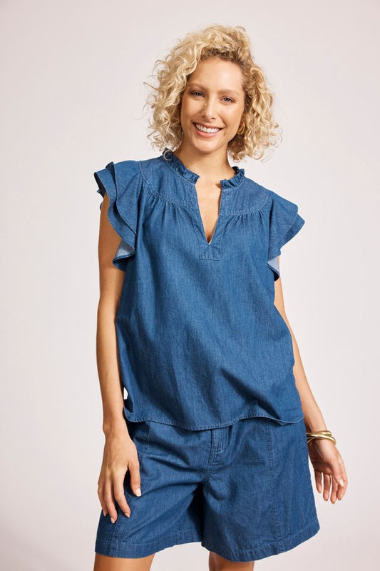 Melenia Denim Frill Top (Indigo)
