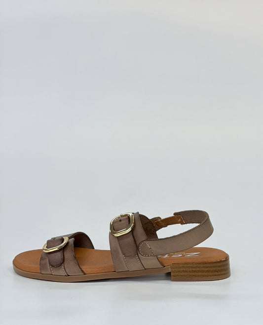 Merida Women's  Flat Twin Buckle Sandal Taupe | Gretel Lane | Women's Flat heel