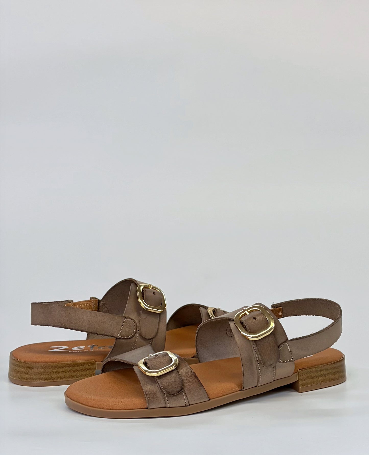 Merida Women's  Flat Twin Buckle Sandal Taupe | Gretel Lane | Women's Flat heel