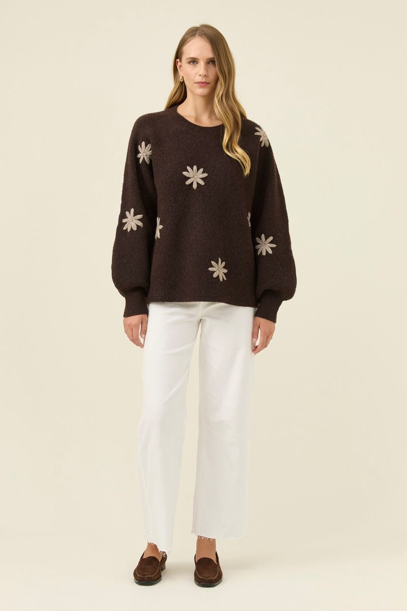 Isle of Mine Women's Miru Stitch Flower Brown Knit Jumper | Gretel Lane