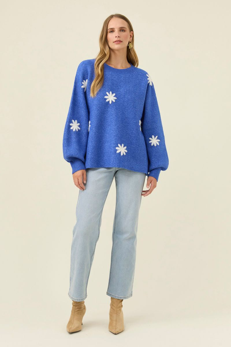 Isle of Mine Women's Miru Stitch Flower Blue Knit Jumper | Gretel Lane