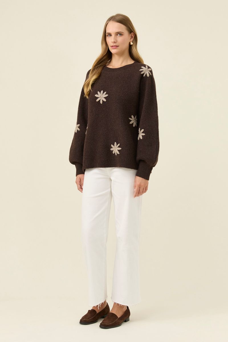 Isle of Mine Women's Miru Stitch Flower Brown Knit Jumper | Gretel Lane