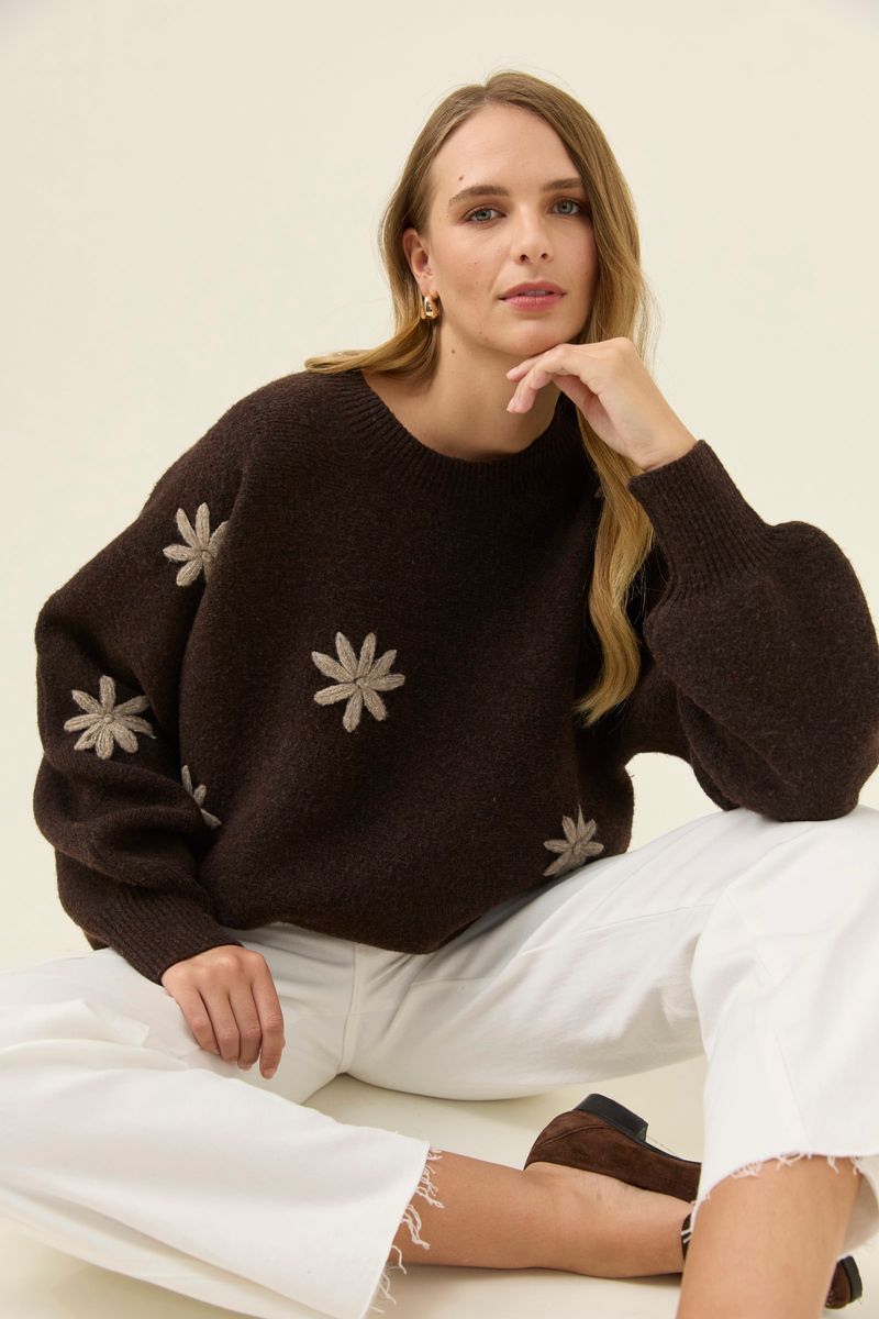 Isle of Mine Women's Miru Stitch Flower Brown Knit Jumper | Gretel Lane