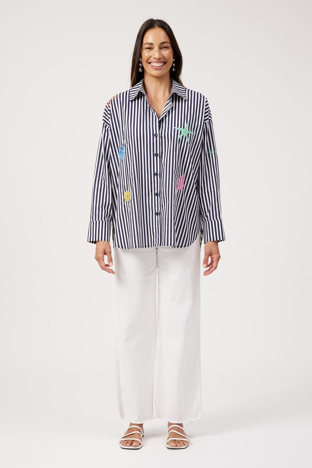 HAVEN Mykonos Embroidered Stripe Button Through Cotton Shirt Navy | Women's Clothing | Gretel Lane