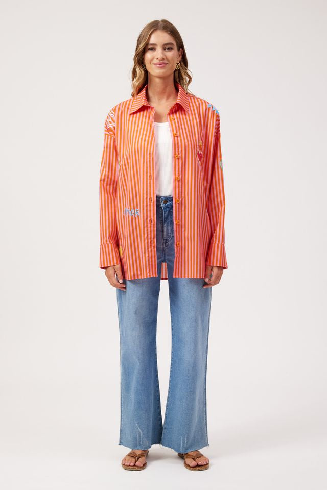 HAVEN Mykonos Embroidered Button Through Stripe Cotton Shirt Pink | Women's Clothing | Gretel Lane