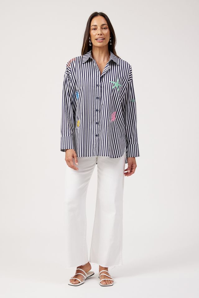 HAVEN Mykonos Embroidered Stripe Button Through Cotton Shirt Navy | Women's Clothing | Gretel Lane