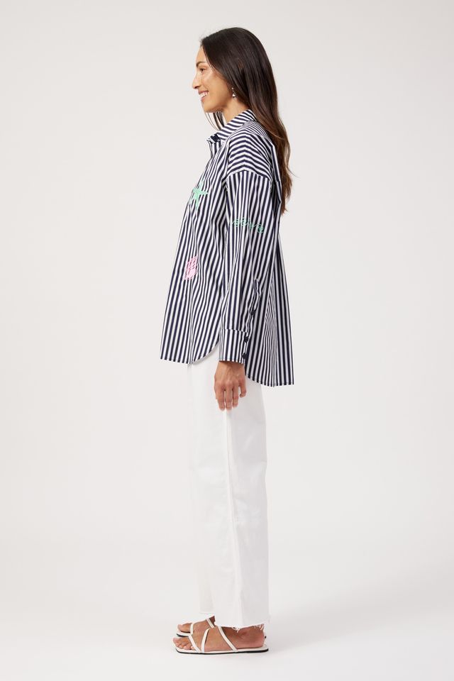 HAVEN Mykonos Embroidered Stripe Button Through Cotton Shirt Navy | Women's Clothing | Gretel Lane