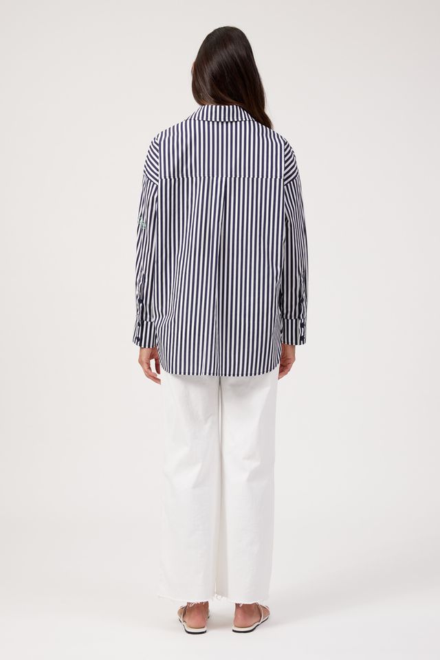 HAVEN Mykonos Embroidered Stripe Button Through Cotton Shirt Navy | Women's Clothing | Gretel Lane