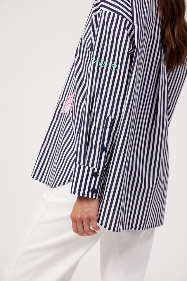HAVEN Mykonos Embroidered Stripe Button Through Cotton Shirt Navy | Women's Clothing | Gretel Lane