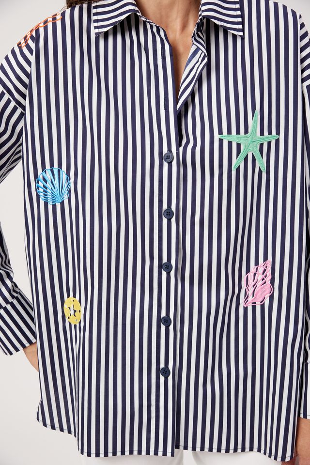 HAVEN Mykonos Embroidered Stripe Button Through Cotton Shirt Navy | Women's Clothing | Gretel Lane