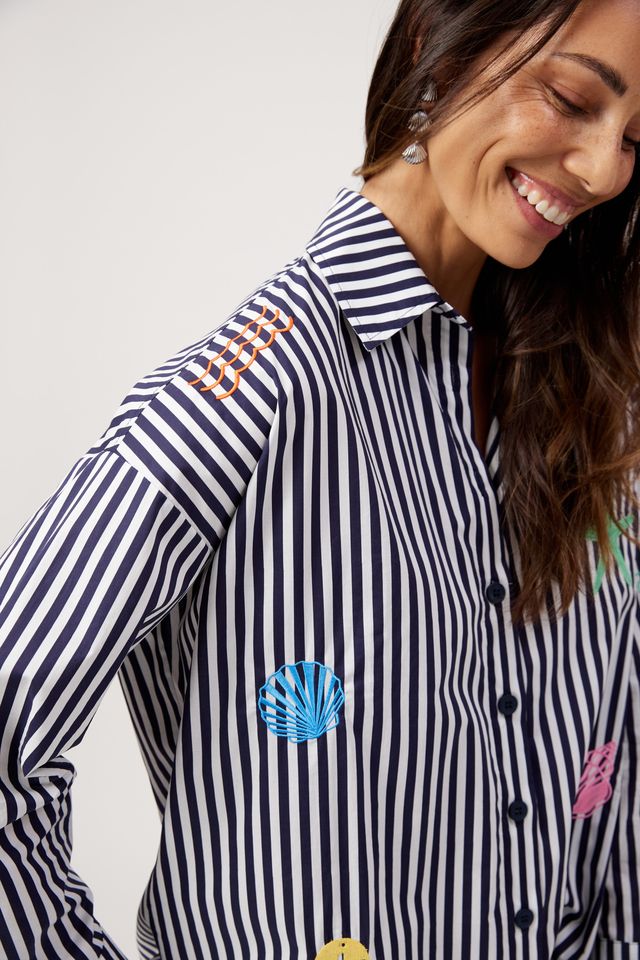 HAVEN Mykonos Embroidered Stripe Button Through Cotton Shirt Navy | Women's Clothing | Gretel Lane