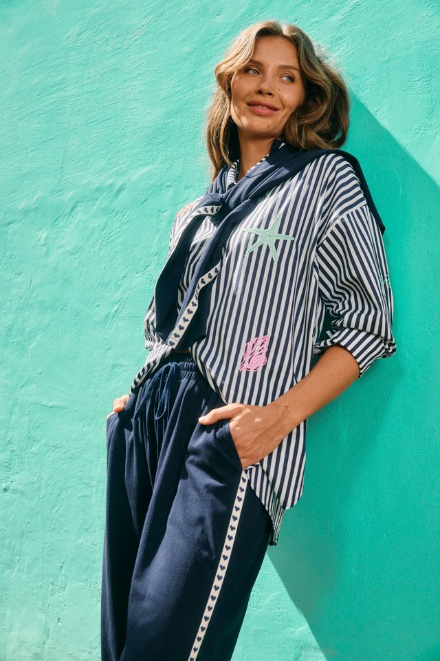 HAVEN Mykonos Embroidered Stripe Button Through Cotton Shirt Navy | Women's Clothing | Gretel Lane