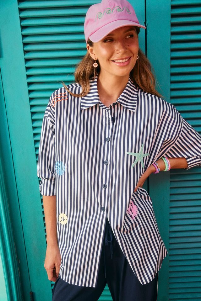 HAVEN Mykonos Embroidered Stripe Button Through Cotton Shirt Navy | Women's Clothing | Gretel Lane