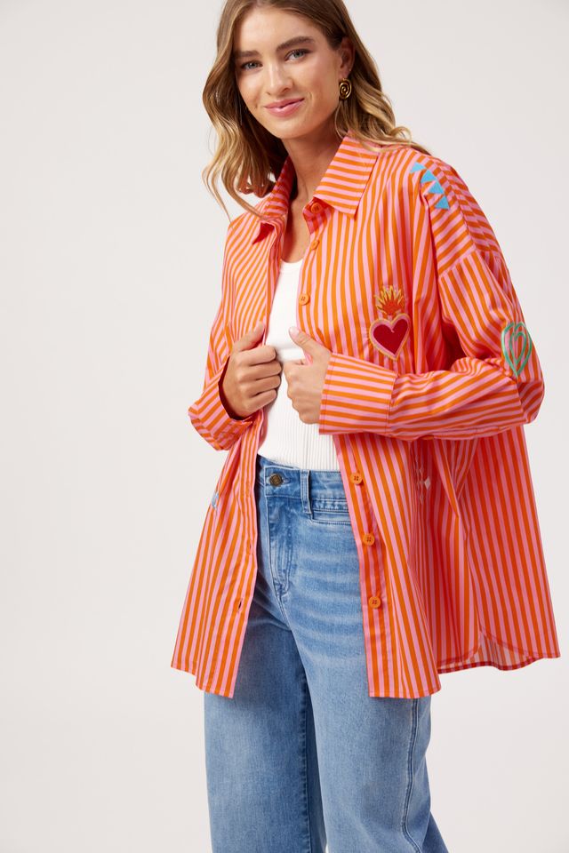 HAVEN Mykonos Embroidered Button Through Stripe Cotton Shirt Pink | Women's Clothing | Gretel Lane