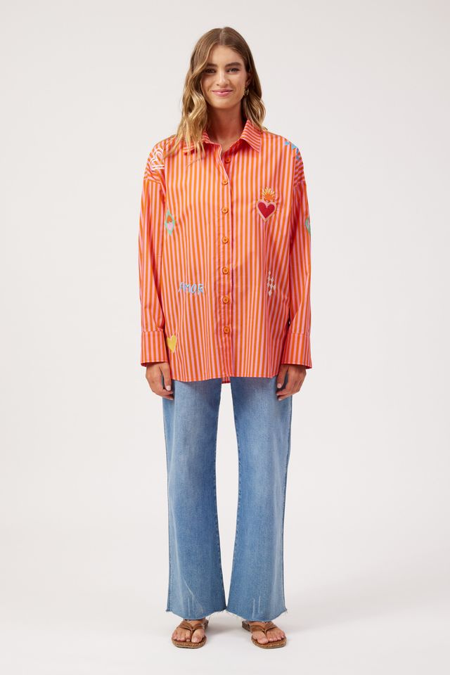 HAVEN Mykonos Embroidered Button Through Stripe Cotton Shirt Pink | Women's Clothing | Gretel Lane