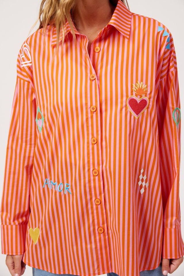 HAVEN Mykonos Embroidered Button Through Stripe Cotton Shirt Pink | Women's Clothing | Gretel Lane