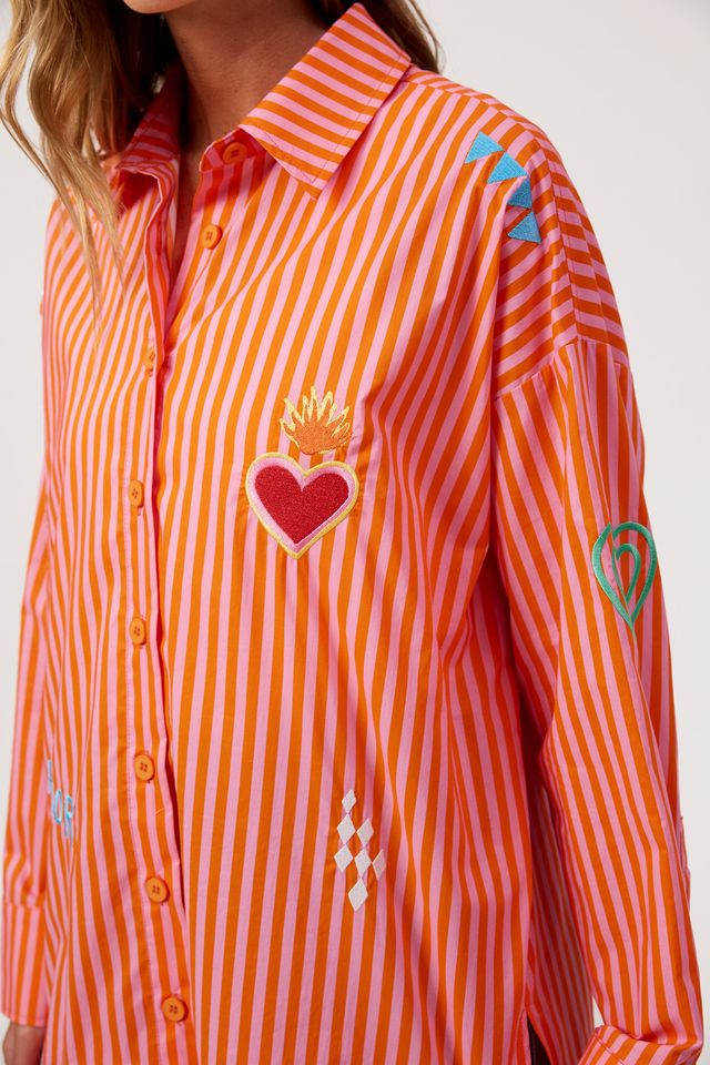 HAVEN Mykonos Embroidered Button Through Stripe Cotton Shirt Pink | Women's Clothing | Gretel Lane