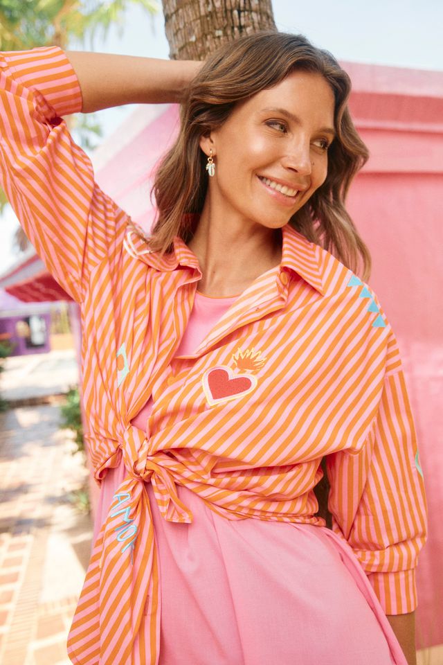 HAVEN Mykonos Embroidered Button Through Stripe Cotton Shirt Pink | Women's Clothing | Gretel Lane
