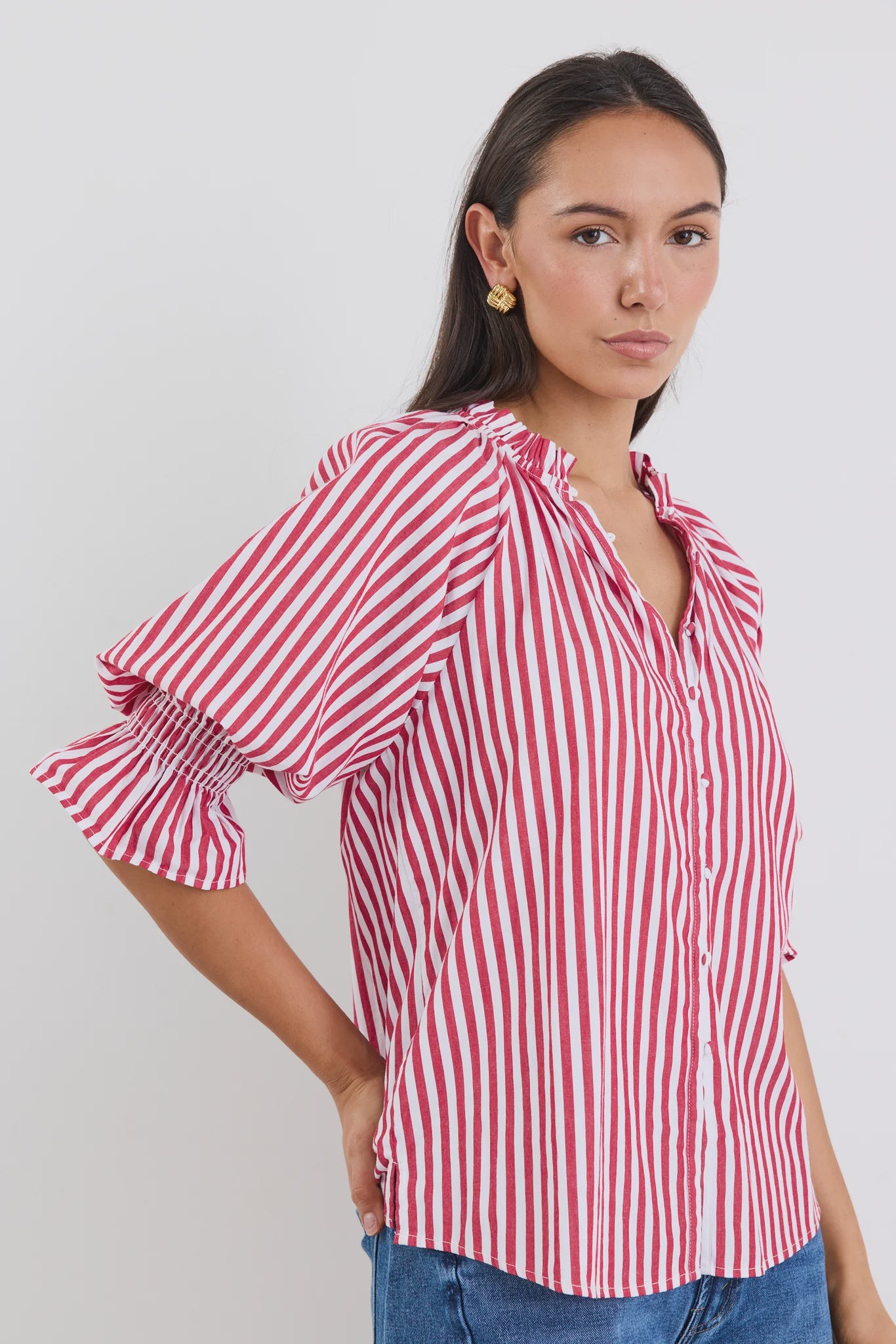 Noetic Short Sleeve Blouse (Red Stripe)