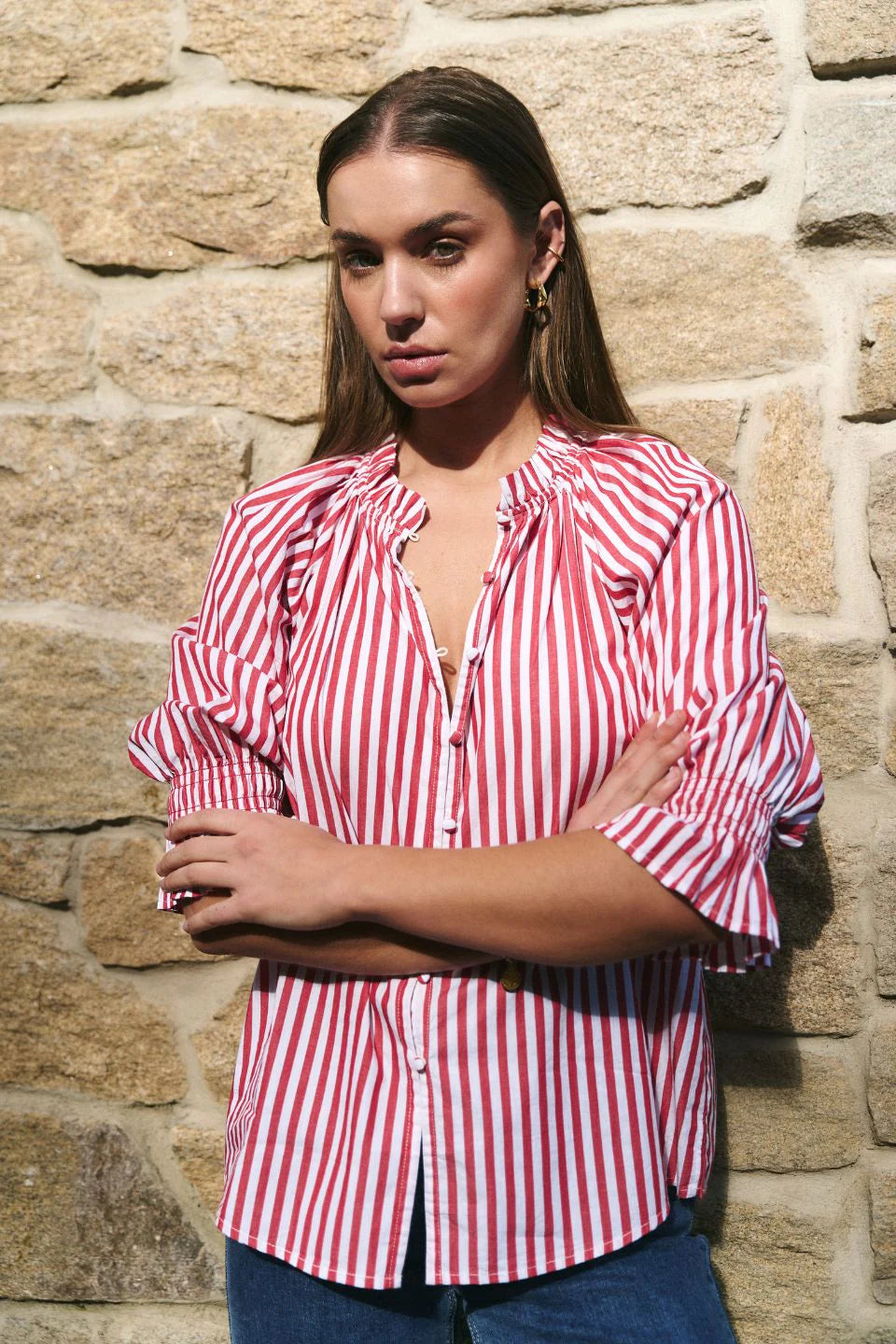Noetic Short Sleeve Blouse (Red Stripe)