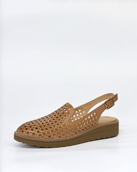 Onula Laser Cut Leather Slingback Loafer Dark Tan | Gretel Lane| Women's Loafer