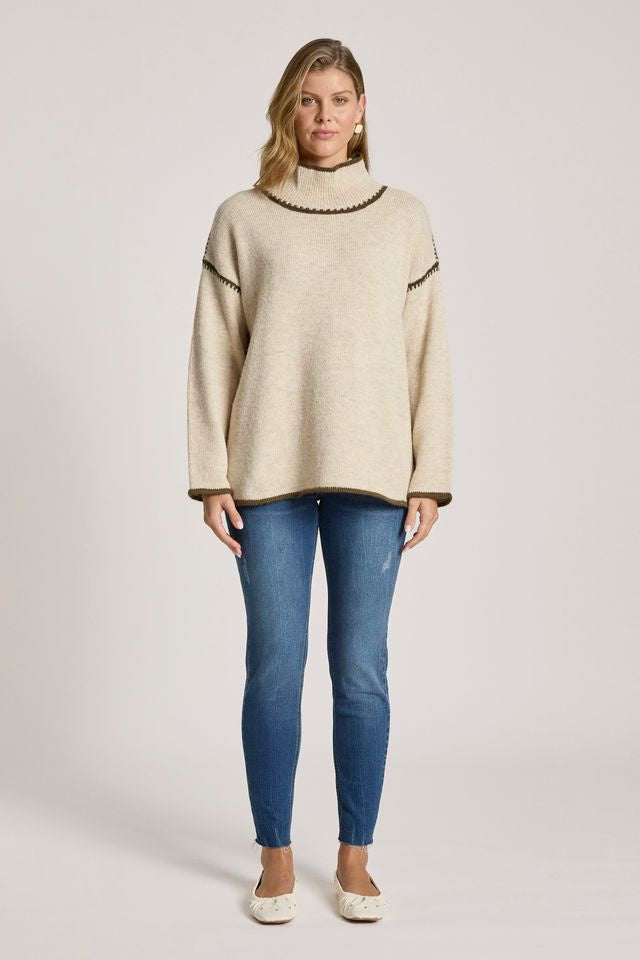 Eb & Ive Beige Knit Orin Jumper with Olive Contrast | Gretel Lane