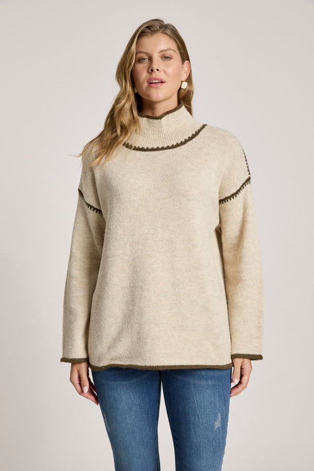 Eb & Ive Beige Knit Orin Jumper with Olive Contrast | Gretel Lane