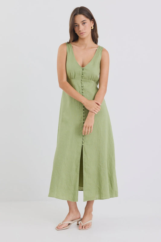 Panama Sleeveless Button Front Midi Dress (Moss)