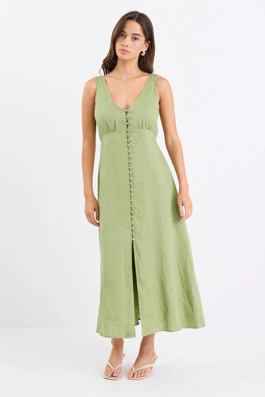Panama Sleeveless Button Front Midi Dress (Moss)
