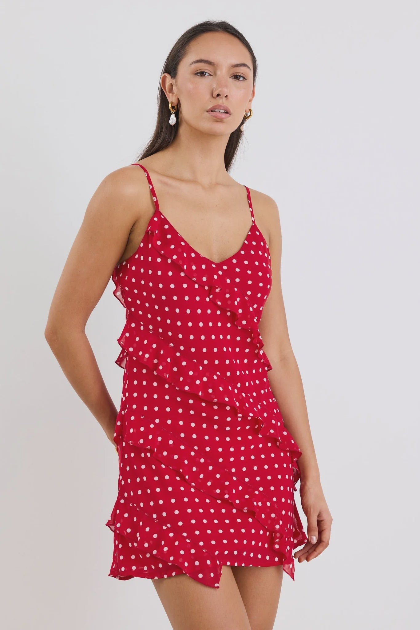 Passion Bias Ruffle Mini Slip Dress (Cherry Ditsy Polka Dot)