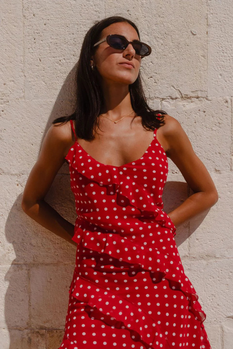Passion Bias Ruffle Mini Slip Dress (Cherry Ditsy Polka Dot)