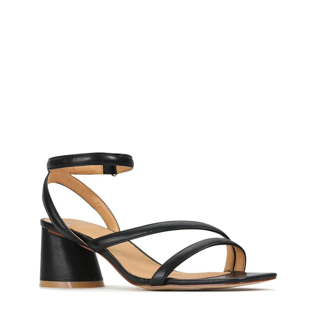 EOS Petricia Strappy Mid Block Heel Sandal Black Leather | Women's Heels | Gretel Lane