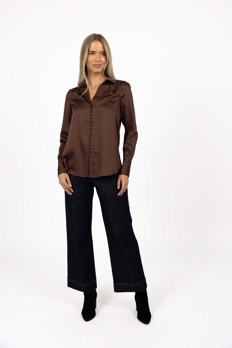 Humidity Poppy Button Though Shirt in Cocoa Tencel | Gretel Lane