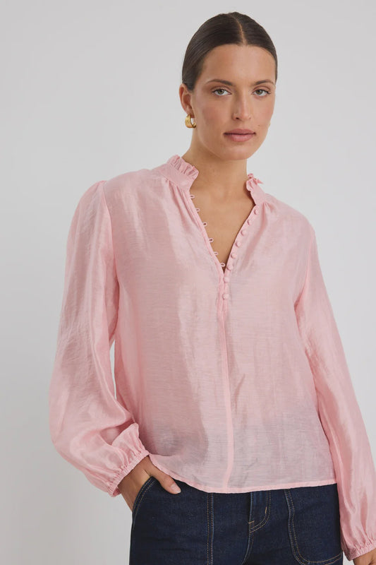 Premise Button Front High Neck Blouse (Blush Pink)