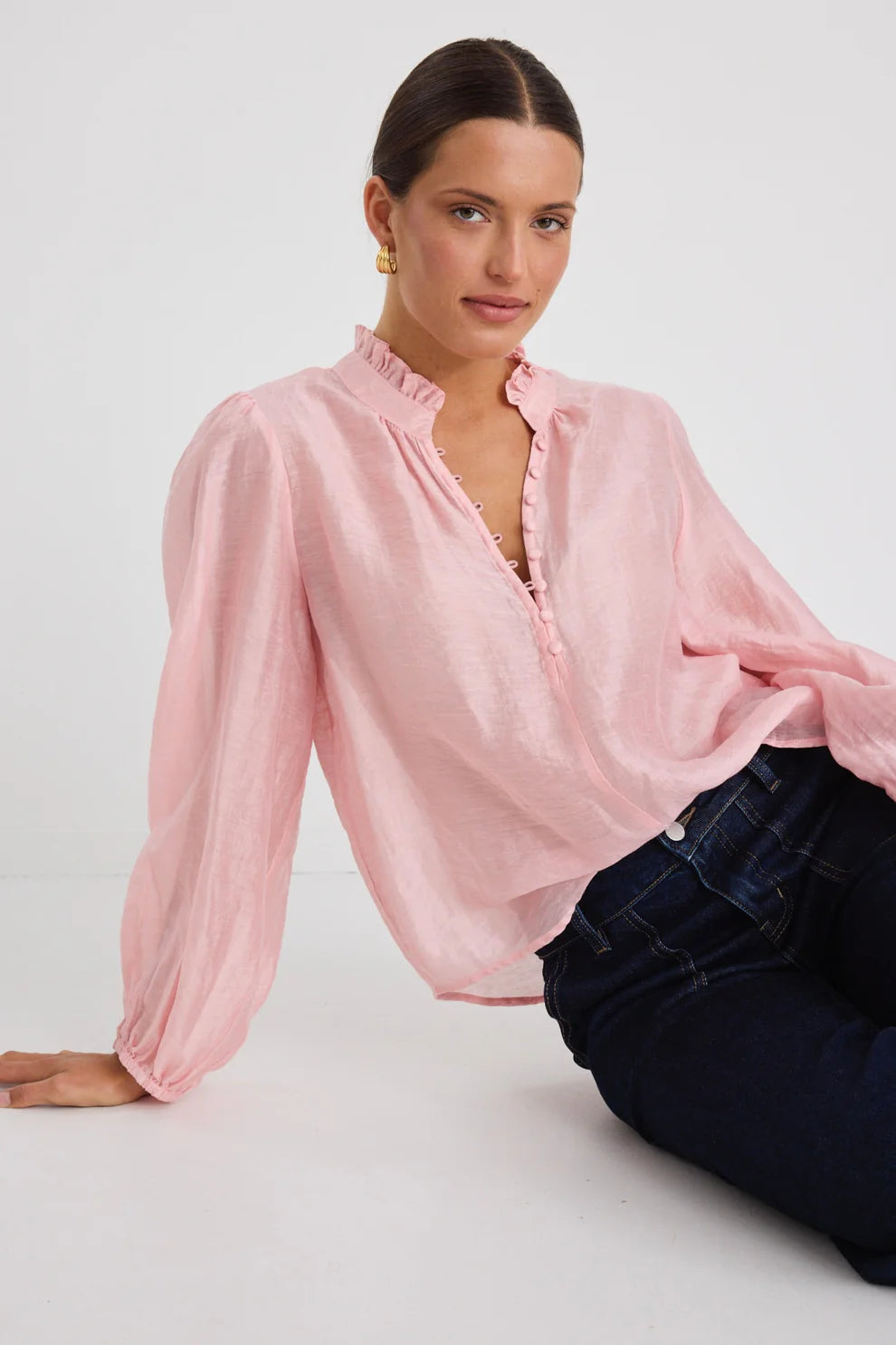 Premise Button Front High Neck Blouse (Blush Pink)