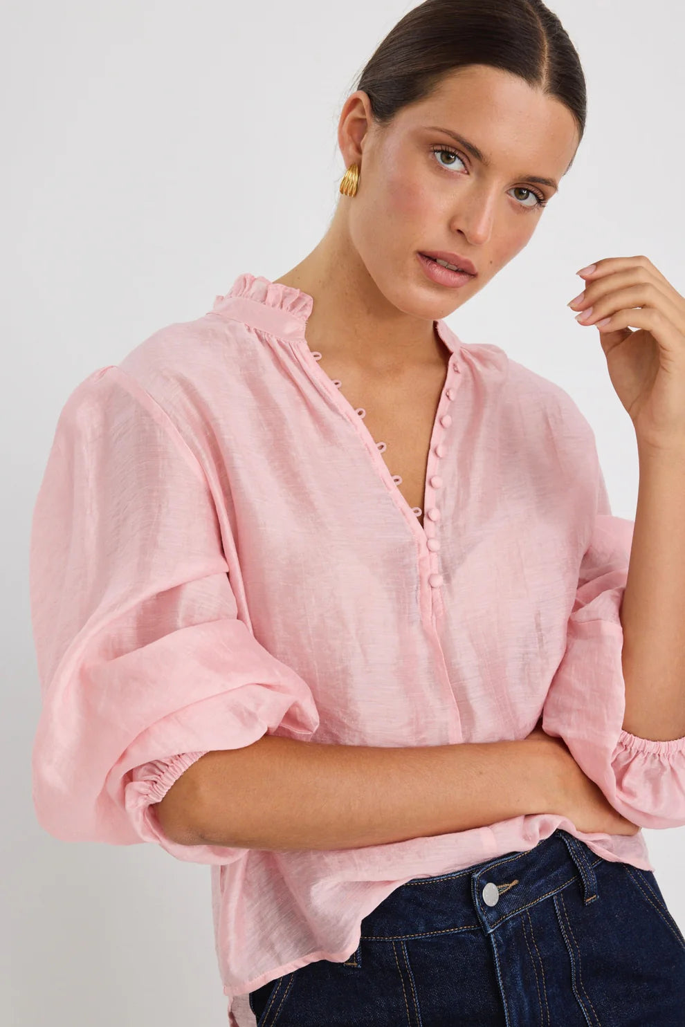 Premise Button Front High Neck Blouse (Blush Pink)