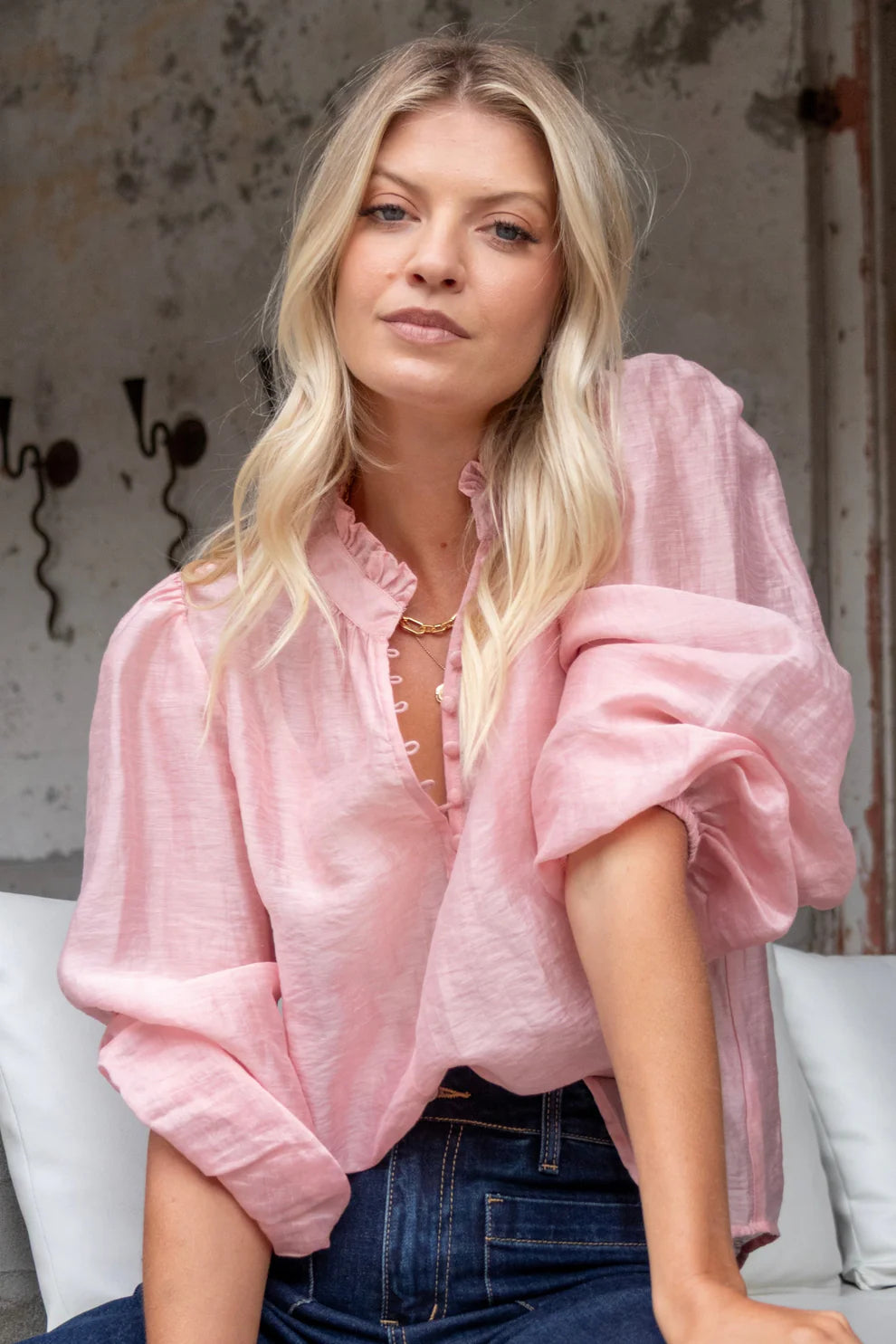 Premise Button Front High Neck Blouse (Blush Pink)