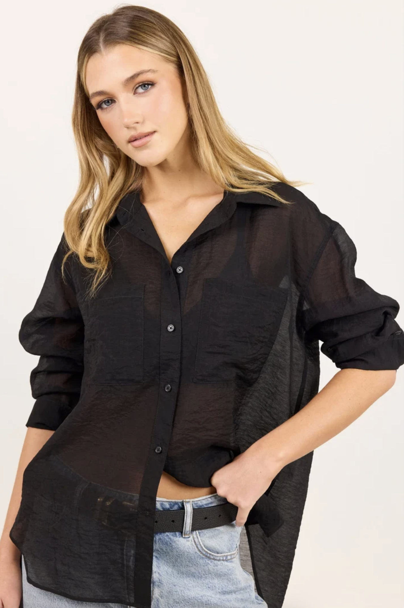 Stories Be Told Reflex Semi Sheer Oversized Boyfriend Shirt Black | Women's Clothing | Gretel Lane