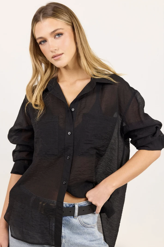 Stories Be Told Reflex Semi Sheer Oversized Boyfriend Shirt Black | Women's Clothing | Gretel Lane