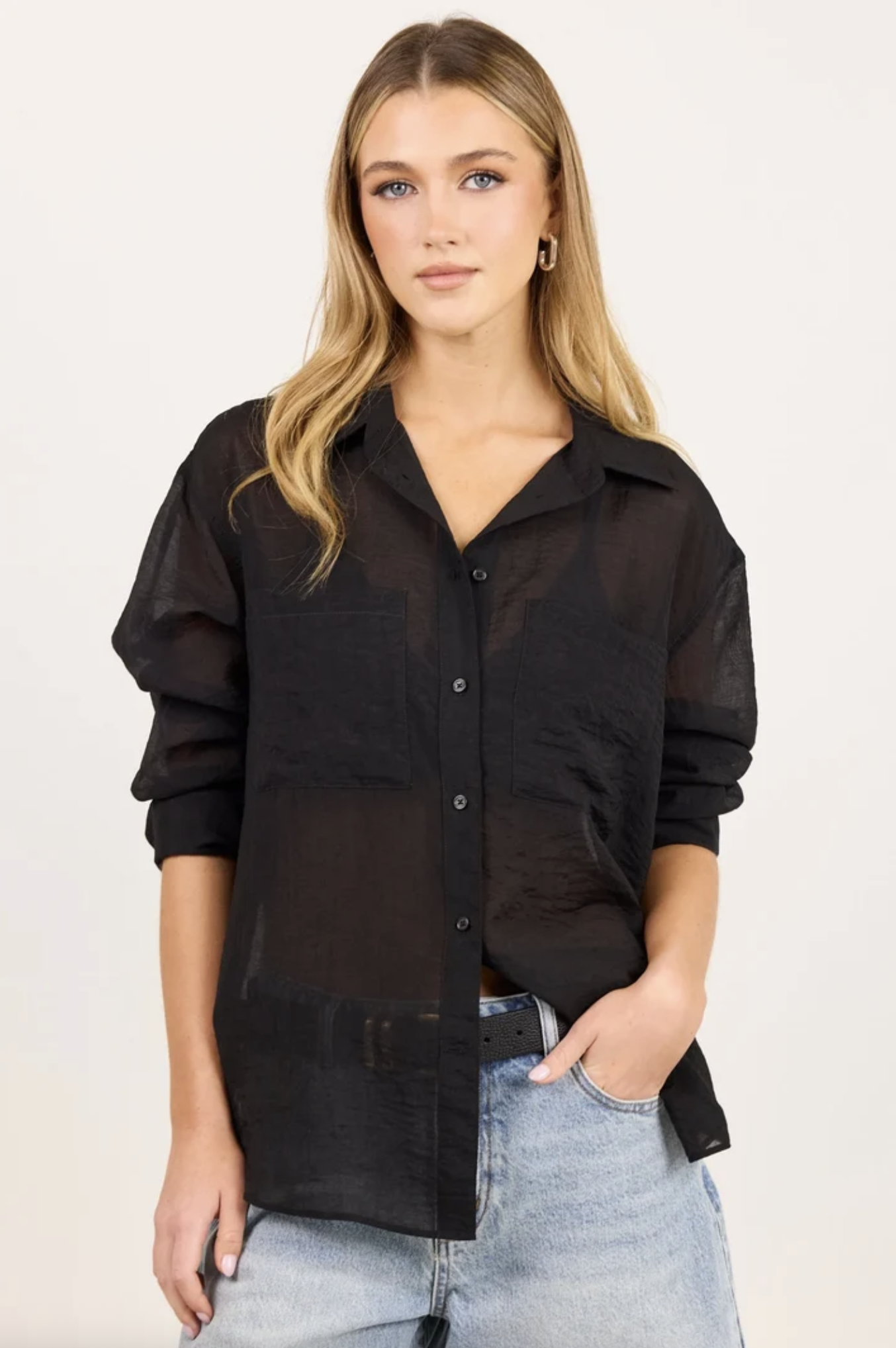 Stories Be Told Reflex Semi Sheer Oversized Boyfriend Shirt Black | Women's Clothing | Gretel Lane