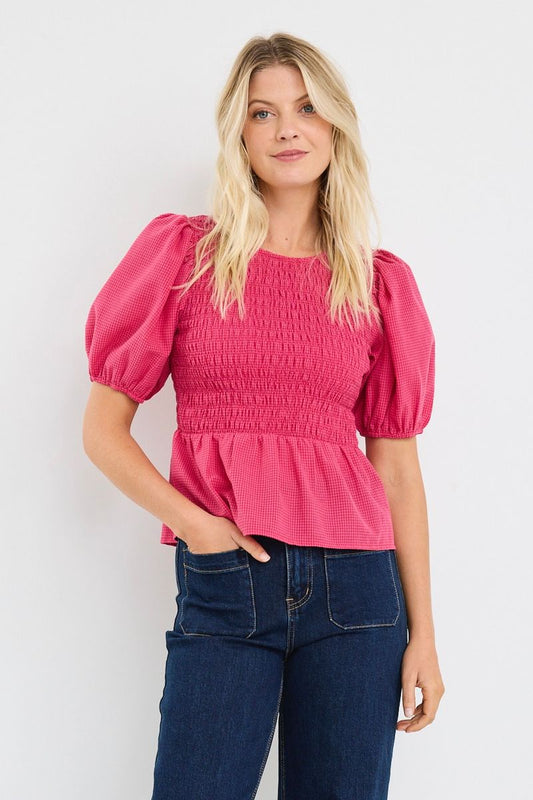 Requite Shirred Body SS Top (Raspberry Ditsy Gingham)